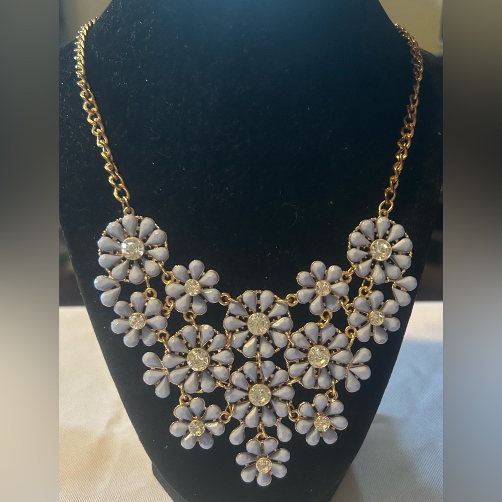 Charming Charlie Gold-Tone Light Blue Floral Bib Statement Necklace.